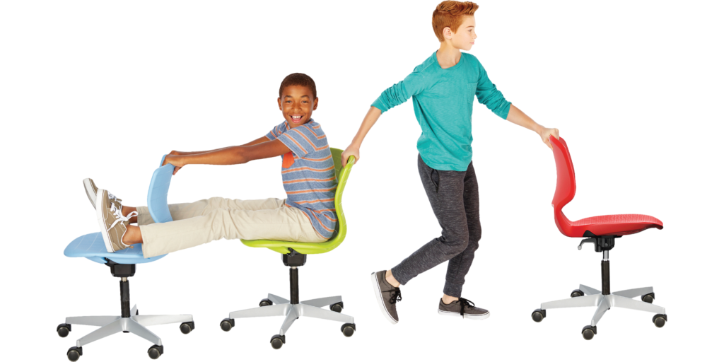 Kids pushing VS PantoMove ergonomic classroom chairs.